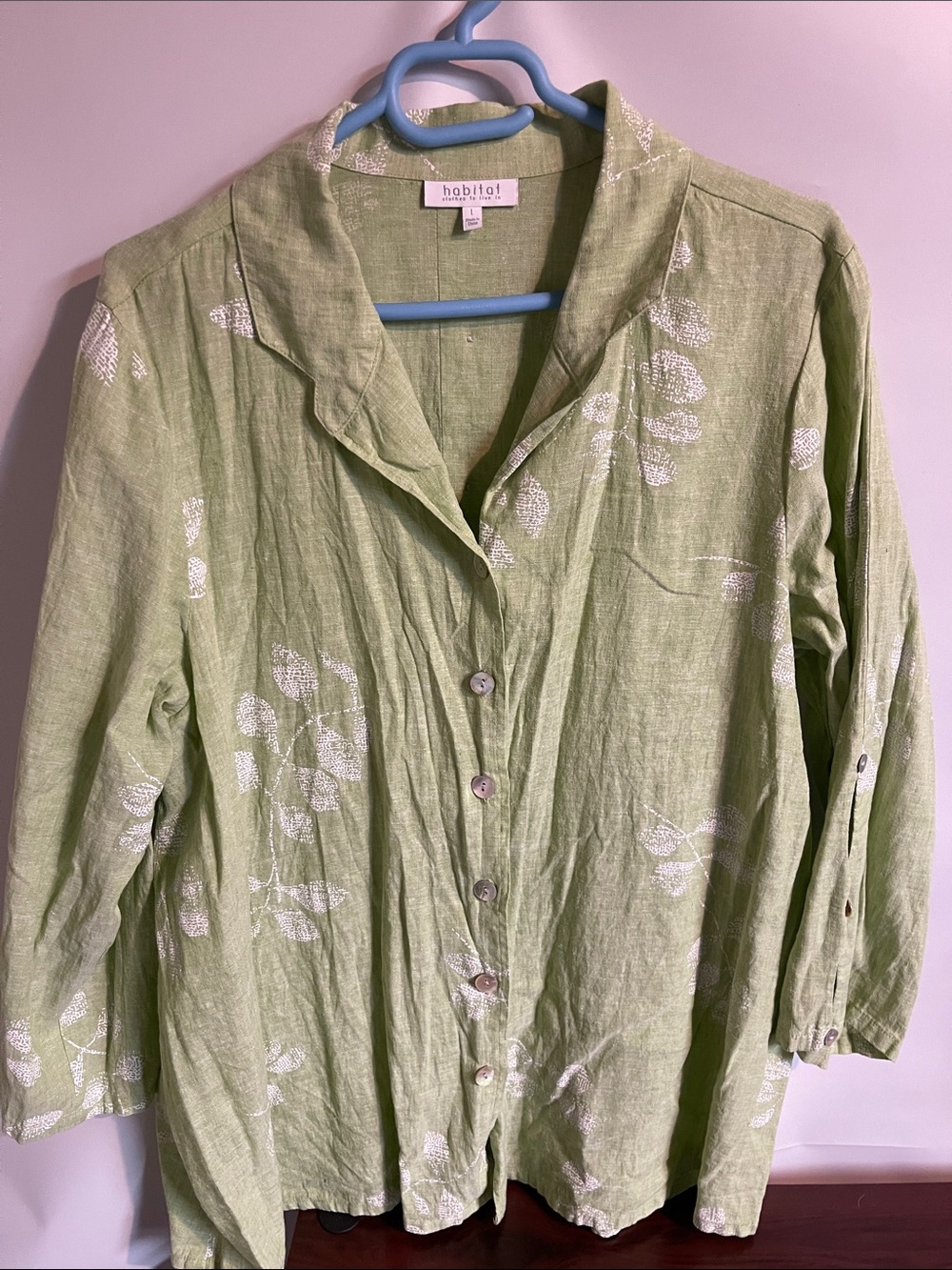 Habitat Light Green Linen Button-Down with White Floral Print